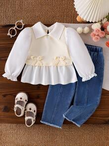Baby Girl 2 Pieces Set, Elegant Style, Long Sleeve Patchwork Color-Block Bow Decor Shirt Top And Frayed Waist Elastic Waist Jeans Pants Set, Suitable For Spring & Autumn - White - View 1