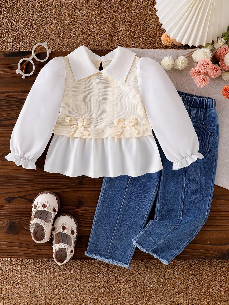 Baby Girl 2 Pieces Set, Elegant Style, Long Sleeve Patchwork Color-Block Bow Decor Shirt Top And Frayed Waist Elastic Waist Jeans Pants Set, Suitable For Spring & Autumn - White - View 1