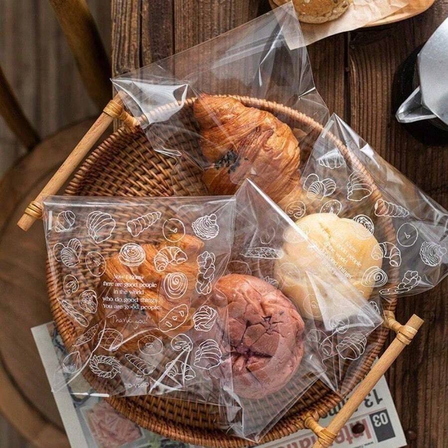 50 Pcs Baking Shop Specific Self Sealing Bag | Plastic Paper Material Waterproof And Moisture-Proof | Biscuit And Bread Packaging | Clean And Non Stick, Easy To Store Sealed Bag - Trong suốt - Xem 1