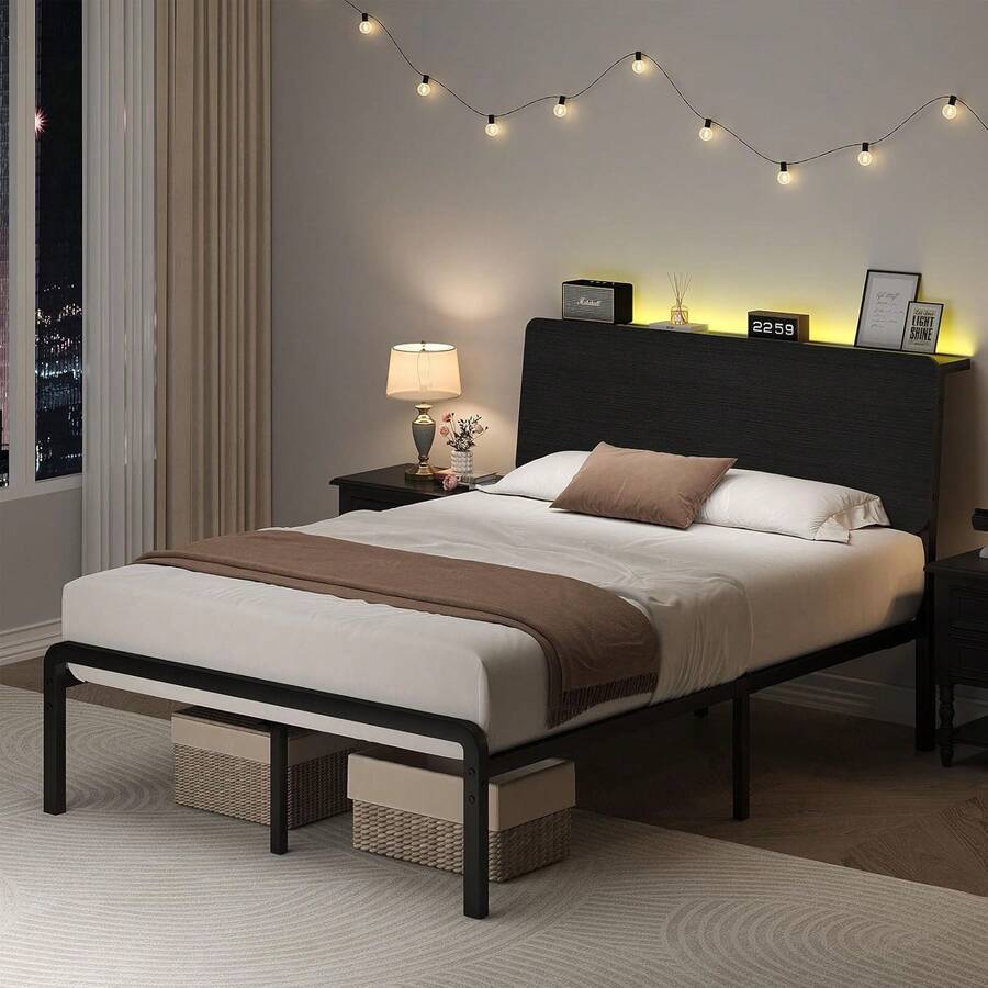 Twin/ Full/ Queen Bed Frame With LED Lights, Metal Bed Frame With Wooden Headboard & Storage Shelf, Under Bed Storage, No Box Spring Required, Easy Assemble, Black/ Black & Grey/ White & Brown - 黑色 - 查看 1