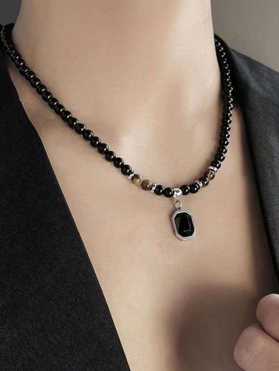 QTHOPE 1pc Hip-hop Stainless Steel Tiger's Eye Bead Necklace For Men, Versatile Personalized Jewelry Gift