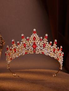 4pcs Elegant Baroque Rhinestone Crown Necklace And Earrings Set, Suitable For Wedding And Occasions Tiaras - Đỏ - Xem 3