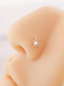 1 pieza Arete de nariz en forma de L de moda con diseño de estrella de CZ brillante y elegante para mujeres, anillos de nariz para perforación de nariz de 20 Gauge, color plateado y dorado