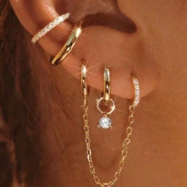 4 Pieces Of Stylish Cubic Zirconia Chain C-Shaped Ear Clip Earrings From Europe And America, Suitable For Women To Wear Copper Jewelry For Daily Parties (Only Applicable To One Ear)