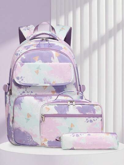 3 件套几何印花学校背包，带手提包和铅笔盒 - 不对称几何印花，可调节肩带，多口袋大容量，轻质涤纶学校背包，拉链开合，适合学校、工作、日常使用，女孩背包，返校礼物