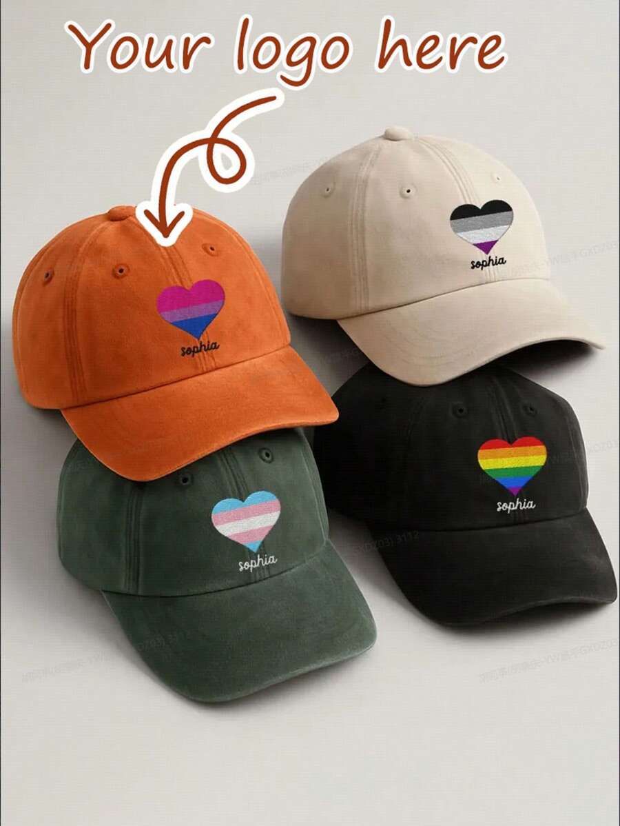 1pc Rainbow Heart Embroidered Cotton Washed Baseball Cap, Casual Sun Hat, Couple Cap, Customizable Logo/Text, Multi-Color Options, Personalized Design, Suitable For Various Occasions And Gifts, Fashion & Versatile
