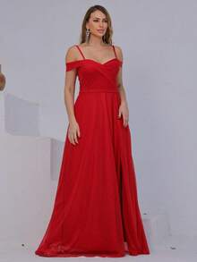 Long Off-The-Shoulder Party Dress With Sparkle For Bridesmaid, Wedding, Princess Graduation - 紅色 - 查看 1