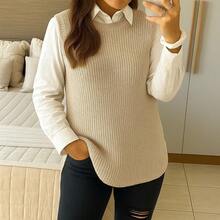 Women Beige Knitted Mulet Vest Side Slit Pullover Fashion Luxury Simple Casual Wool Knitted Evening Holiday Daily Fall/Winter WM Knitwear - 米色 - 查看 1