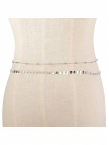 2pcs/Set Women Shiny Sequin Waist Chain, Sexy Body Chain (Hand-Made Chain Length Adjustable, Random Number Of Beads And Round Discs) - Silver - View 2