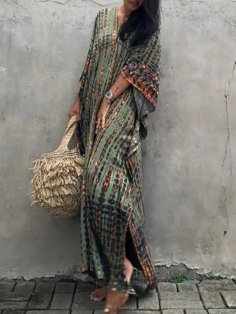 Vestido de playa efecto tie-dye para mujer para resort y vacaciones - Verde militar - Ver 1