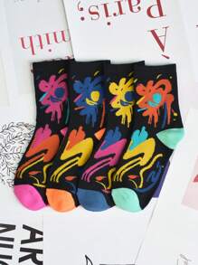 5 Pares Meias Florais de Padrão Colorido Aleatório até a Metade da Panturrilha para Mulheres, Meias Versáteis e Estilosas Adequadas para Uso Casual, Interno, Externo, Esportes