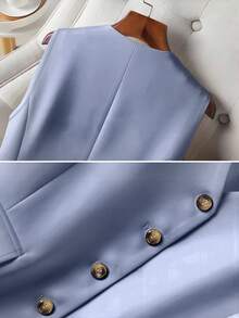 Women's Casual Lightweight Single Breasted Sleeveless Blazer, Spring & Summer Office Wear - Blue - View 3