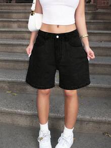Women's Solid Color Bermuda Denim Shorts, Fashion For Summer Casual Black - Black - View 3