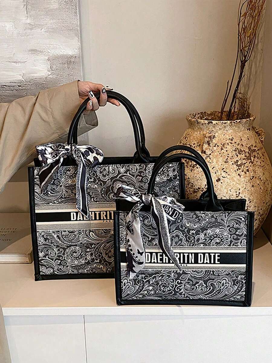 2025新款时尚热销手提包，便携购物袋，小众设计，奢华高品质，附赠海外蝴蝶结丝巾，大容量，适合日常休闲、通勤、上学、旅行、派对、宴会等场合（含丝巾） - 黑色 - 查看 1