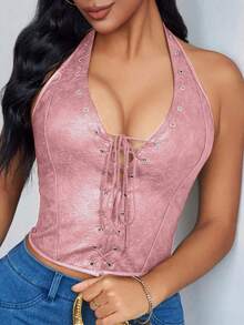 女士复古花卉纹理PU皮革镂空系带深V领露脐吊带背心，适合夏季度假和外出穿着