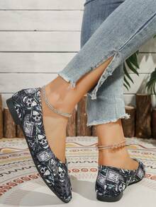 Damen Graue Totenkopf Muster Niedrig Absatz Lässig Schuhe, modisch, elegant, weich und bequem gestaltet, geeignet für Frühling/Sommer Outdoor, Reisen und Urlaub