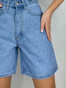女士宽松休闲纯色百慕大牛仔短裤，夏季