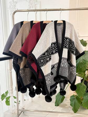 1件女士超大几何图案涤纶毛绒提花针织开衫斗篷披肩，加大码