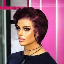 Lace Frontal Short Wig For Human Hair Pixie Cut Wig Human Hair Wigs For Women 13*4*1 T Part Lace Frontal Wig Glueless Wigs For Daily Use Christmas,Thanksgiving Day, Cosplay Party Wig Short Wig For Women Human Hair 99J Burgundy Color Wig Short Wigs With Side Part Bangs