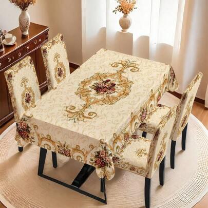1 st/5 st/7 st duk- och stolsöverdragset, (5 st inkluderar 4 stolsöverdrag och 1 duk), (7 st inkluderar 6 stolsöverdrag och 1 duk), elegant bohemisk rosmönsterserie, festlig atmosfär för familjesammankomster, rektangulär duk lämplig för fyrkantiga bord, elastiska stolsöverdrag för inomhusmatsal