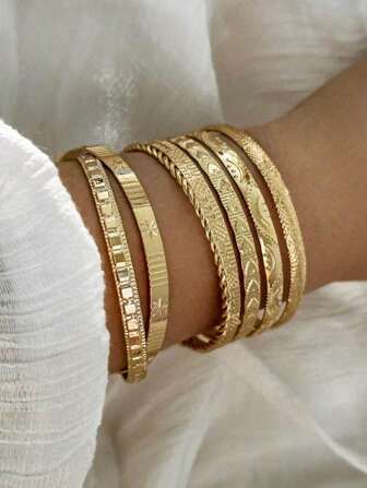 7pcs Vintage Floral Pattern Multi-Element Bangle Set, Adjustable Open Bangles, Fashionable Bracelets For Women, Daily Wear