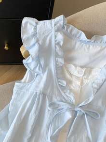 可爱荷叶边休闲女式上衣，系带前开襟二合一韩版盖袖 T 恤，返校季