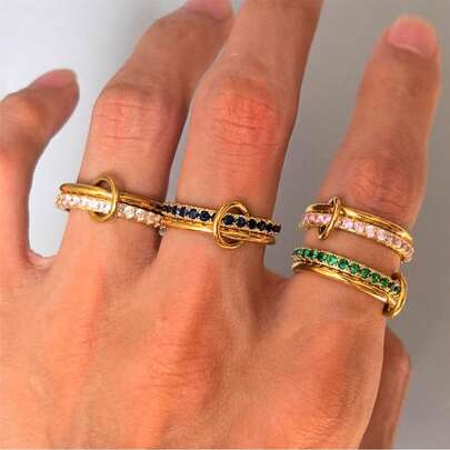 VKHK 1pc Luxury 18K Gold Plated Stainless Steel Double Layer Circular Linked Colorful Zirconia Decor Single Ring, Suitable For Women Daily Wear And Wedding, Gift