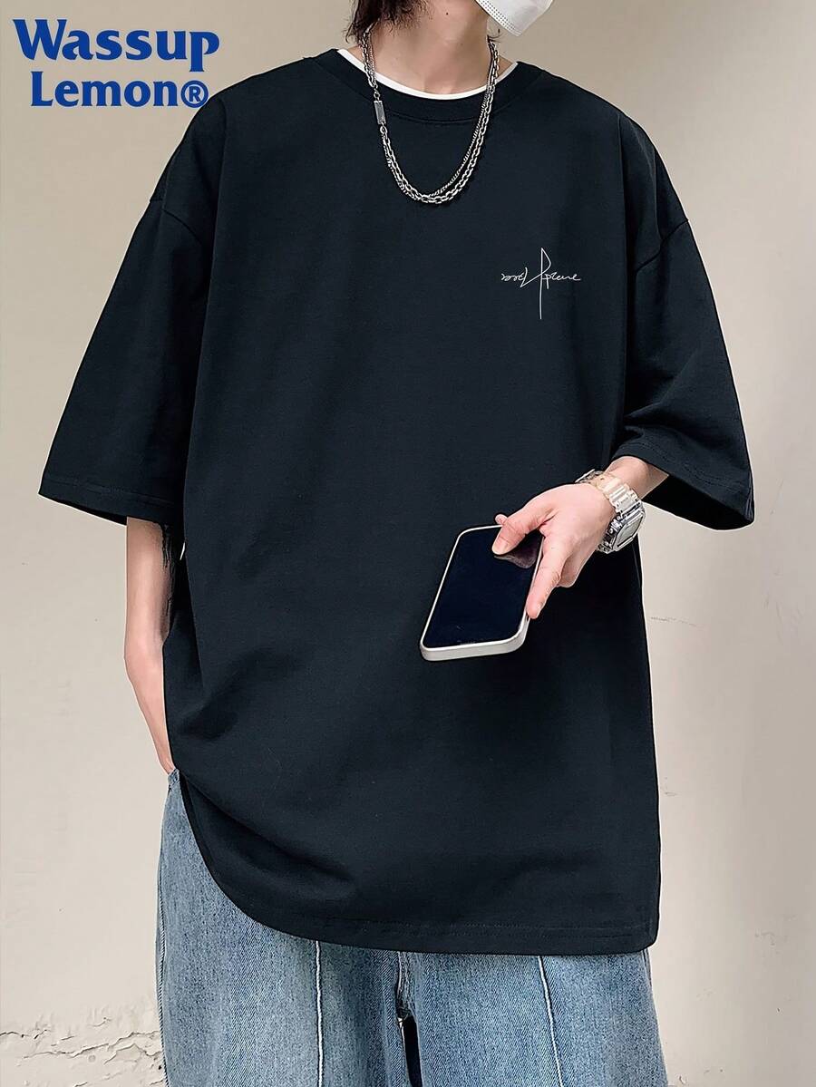 WASSUP LEMON Men's Oversized White Cotton T-Shirt With Oversized White Letter Print - Oversized Round Neck Short Sleeve Summer Casual Streetwear, Oversized Fit For Casual Attire, Machine Washable, White Tee With Black Lettering (Brand Logo) - Minimalist Loose Fit For Layering, Youthful Oversized Silhouette, Breathable Cotton Fabric, Relaxed Fit For Men, Ideal For Casual Outings And Casual Attire - màu đen - Xem 1