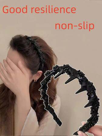 水钻牙齿装饰防滑手工串珠十字头带，蓬松发髻头饰，轻盈奢华女士百搭配饰，发带，发箍，锯齿形头带，黑色，发饰