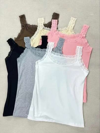 6pcs Plus Size Women's Sleeveless Loungewear Tops - Lace Neck & Patchwork Straps, Breathable Lightweight Fabric, Solid Color Pajama & Casual Wear, All-Season Comfort, Home Relaxation Attire, Lace Detail Top, Sophisticated Design