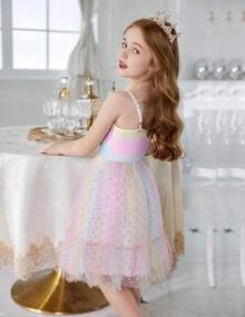 2025Toddler Girls Tulle Dress Rainbow Tutu Birthday Princess Dresses Formal Photo Shoot Outfit Summer Clothes 2-6T'Sprout Style' - 藍色 - 查看 11