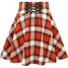 Back To School Essentials Gothic Plaid Mini Skirts For Women Short High Waist Plaid Skirts - Orange Beige - 查看 1