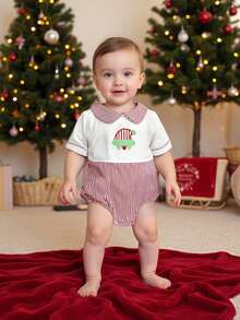 Baby Christmas Romper Long Sleeve Doll Collar Santa Embroidery Bodysuit Newborn Playsuit - Red - View 4