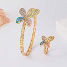 Conjunto de Bracelete e Anel Borboleta com Zircônia Colorida Banhado a Ouro 18K, Design Elegante