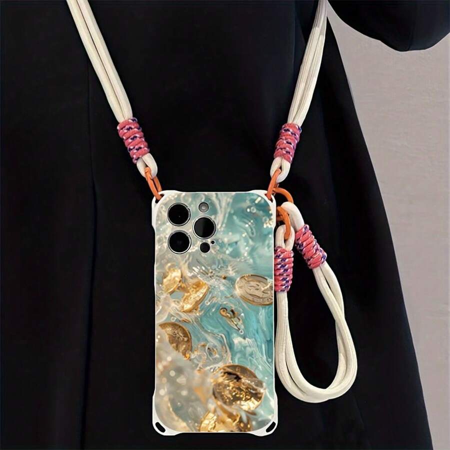 Funda para teléfono 1 pieza Una elegante correa para el hombro tipo bandolera, patrón Correa para el hombro tipo bandolera Correa de mano anticaída de cuatro esquinas Funda protectora para teléfono móvil Puede colgarse hacia atrás Funda para teléfono móvil suave adecuada para la serie 12 13 14 15 16 Pro Pro Plus - - Colores mixtos 1 - Ver 1