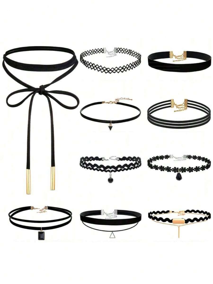 10 件黑色天鹅绒颈链，带收纳袋，适合女士 - 黑色 - 查看 1