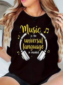 Music Universal Language Print T-Shirt Comfortable Breathable For Casual Wear - Black - View 1