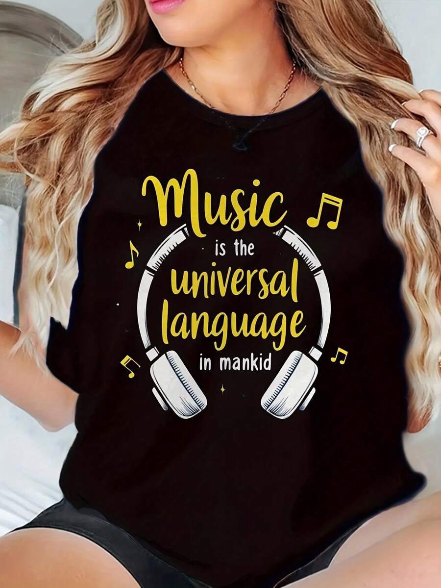 Music Universal Language Print T-Shirt Comfortable Breathable For Casual Wear - Black - View 1