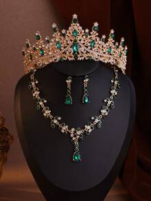 4-Piece Elegant Baroque Water Drop Rhinestone Crown Necklace And Earrings Set, Suitable For Weddings And Events - 綠色 - 查看 1