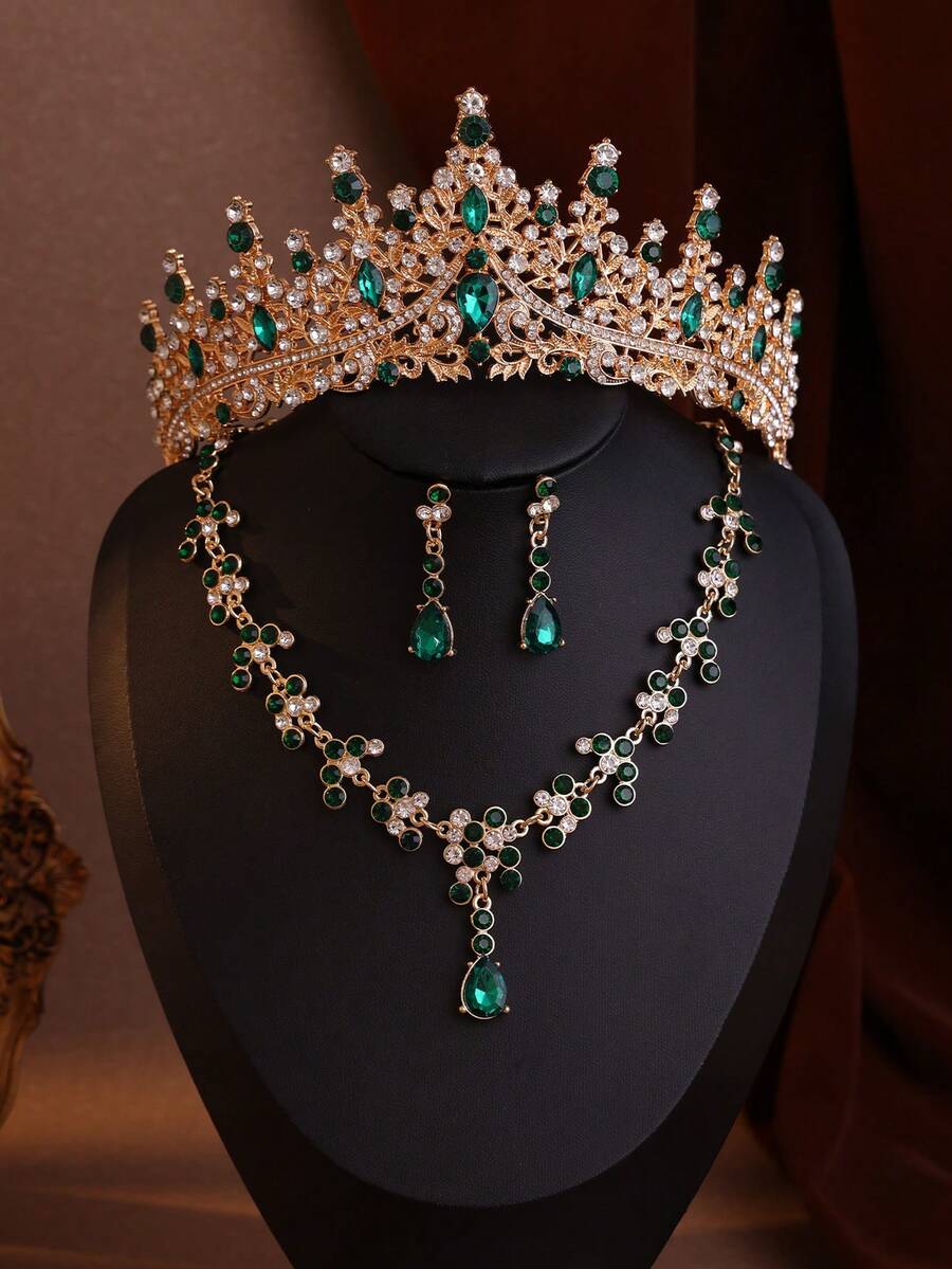 4-Piece Elegant Baroque Water Drop Rhinestone Crown Necklace And Earrings Set, Suitable For Weddings And Events - 綠色 - 查看 1