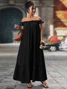 1件加大码纯色梭织面料荷叶边下摆休闲连衣裙，适合度假和所有季节，黑色夏季优雅款 - 黑色 - 查看 4