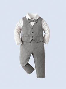 3 件套年轻男孩绅士装 - 白色领衬衫配领结、灰色背心和吊带裤，时尚百搭，适合生日派对、婚礼、周年纪念 - 灰色 - 查看 2