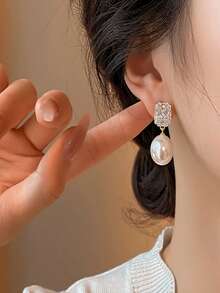 1 对纯银锆石水晶珍珠耳钉，新款时尚精致美观耳环，适合日常佩戴 - 金色 - 查看 2