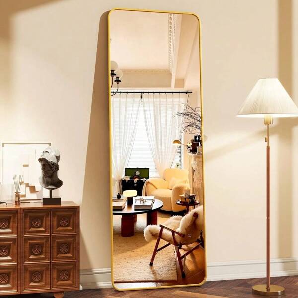 Ratoyal 56" X 21.2" Floor-Standing Full-Length Mirror, Full-Length Mirror With Rounded Corners And Beautiful Gold Color