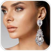 1 Pair Prom Drop Chandelier Earrings For Women Dangling Bling Hypoallergenic Large Rhinestone Earrings Formal Wedding Jewelry - 銀色 - 查看 1