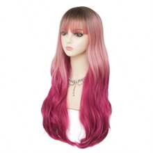 LOmbre Pink Long Wig With Bangs Dark Root Curly Wavy Wigs Synthetic Heat Resistant Fiber Hair Wig For Cosplay Halloween Use Dark Pink 5001 - 粉紅捲髮 - 查看 3