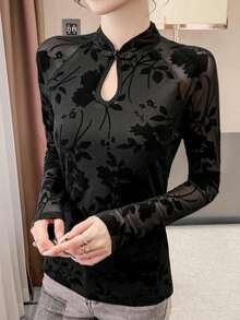 女士植绒蕾丝保暖上衣，复古旗袍领扣式网眼长袖衬衫，时尚秋冬