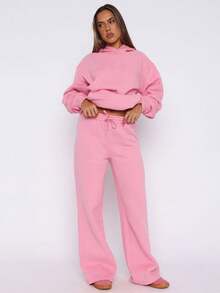 Two Pieces Set Autumn And Winter Casual Plain Sweatshirt Set, Hooded Pocket Top, Paired With Elastic Waist Drawstring Straight Leg Pants, Two Pieces Set.Outfits Suit - Pink - View 3