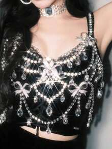 跨境蝴蝶结胸链女镂空流苏水钻身体链高端手感舞会时尚配饰欧美1PC优雅灵动蝴蝶水钻流苏连衣裙女式性感身体链饰品派对夜店舞台配饰 - 蝴蝶型 - 查看 3