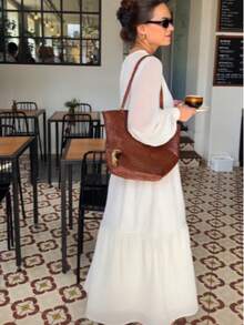 Elegancka sukienka damska w jednolitym kolorze w stylu boho z falbanką u dołu i skręconym przodem, z długim rękawem, jesienno-zimowa sukienka na wakacje, odpowiednia na Halloween i Boże Narodzenie - Biały - Zobacz 2